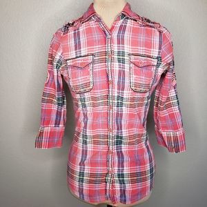 Roar Windrunner II Raw Edge 3/4 Convertible Sleeve Top Small Pink Plaid